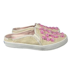 Keds Kate Spade Shoes Womens 6.5 Beige Pink Floral Mule Slip On Raffia Pom Slide
